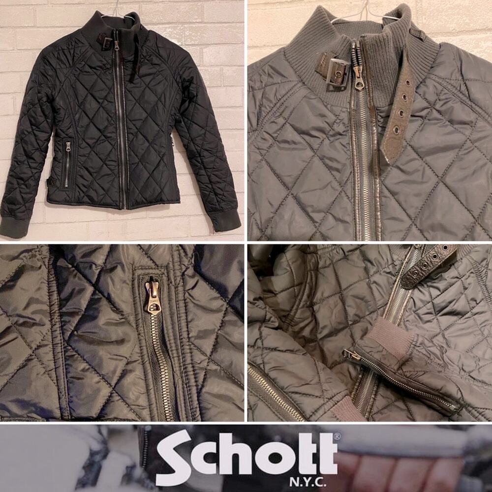 Schott NYC Women’s XS Blk Quilted Nylon Leather Straps Buckles Moto Biker Jacket
